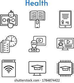 health icon set. included tablet, audiobook, chip, e-book, teacher, test, instructor, desktop icons. linear styles.