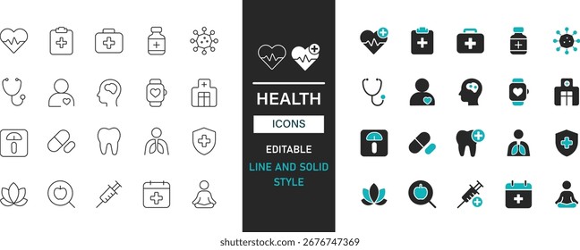 Línea de conjunto de iconos de salud y estilo sólido. Estetoscopio, latido cardíaco, hospital, jeringuilla, píldoras, pulmones, cerebro, termómetro Vector colección.
