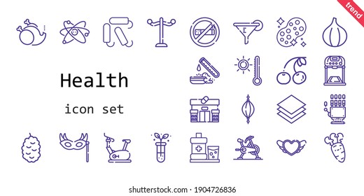 health icon set. line icon style. health related icons such as sponge, cherry, berry, rack, eye mask, test tube, mouthwash, fig, no smoke, stationary bike, layer, without, heart, filter