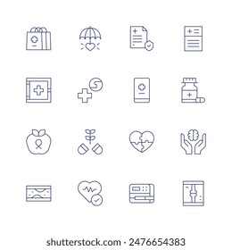 Health icon set. Thin line icon. Editable stroke. Containing bag, firstaidkit, health, healthinsurance, healthservice, medicalhistory, medicine.