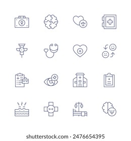 Health icon set. Thin line icon. Editable stroke. Containing brain, cannula, firstaidkit, health, healthlaw, healthcare, medicalcross, mentalhealth.