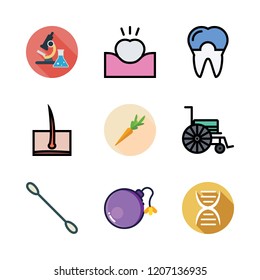 health icon set. vector set about science, cotton swab, wheelchair and tooth icons set.