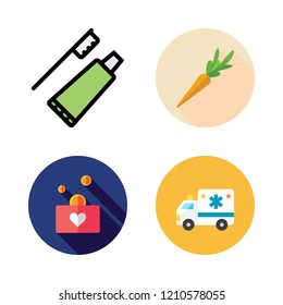 health icon set. vector set about ambulance, donation, healthy food and toothbrush icons set.