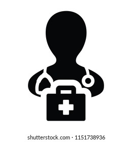 Health icon vector male doctor person profile avatar with Stethoscope and first aid kit bag for Medical Consultation in Glyph Pictogram illustration