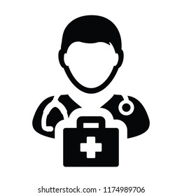 Health icon vector male doctor person profile avatar with Stethoscope and first aid kit bag for Medical Consultation in Glyph Pictogram illustration