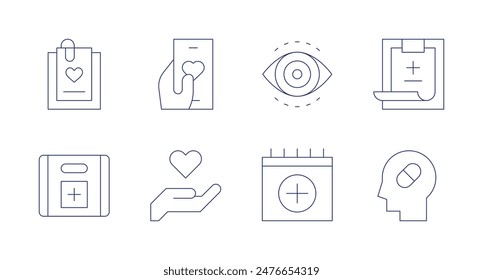Health icons. Editable stroke. Containing firstaidkit, health, healthclinic, heart, hypnosis, medicalhistory, mentalhealth.