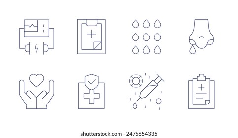 Health icons. Editable stroke. Containing charity, defribillator, history, injection, medicalhistory, menstruation, mucus.