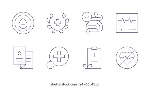 Health icons. Editable stroke. Containing blooddonation, diabetes, healthcare, intestine, medicalreport, nohealthcare.