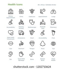 Health Icons - Outline styled icons, designed to 48 x 48 pixel grid. Editable stroke.