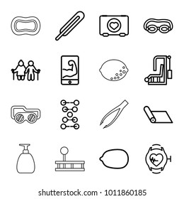 Health icons. set of 16 editable outline health icons such as lemon, old couple, carpet, swimming glasses, gym equipment, case with heart, themometer, dna, heartbeat watch