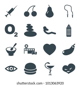 Health icons. set of 16 editable filled health icons such as pear, cherry, fitness bottle, o2 oxygen, abdoninal workout, heart, medicine, eye, eggplant, porridge, spa stones