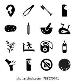 Health icons. set of 16 editable filled health icons such as ear, treadmill, toothbrush, cleanser, boxing bag, bucket, thermometer, bandage, broken leg or arm, no fast food