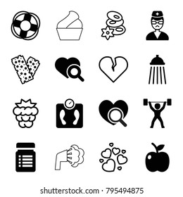 Health icons. set of 16 editable filled and outline health icons such as heart search, doctor, shower, apple, power lifter, lifebuoy, mulberry, spa stones, broken heart