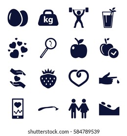 health icons set. Set of 16 health filled icons such as egg, razor, spa stone, apple, strawberry, heartbeat on phone, weight, hands holding heart, heart, injured finger