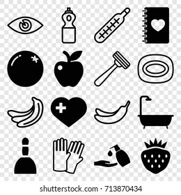 Health icons set. set of 16 health filled and outline icons such as orange, spa bag, shower, liquid soap, apple, strawberry, heart with cross, notebook with heart, banana