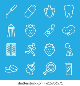 Health icons set. set of 16 health outline icons such as strawberry, tablet, medical cross tag, pipette, pill, pepper, heart, brain surgery, pregnant woman, tooth, shower