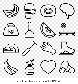 Health icons set. set of 16 health outline icons such as banana, soap, spa bag, spray bottle, gloves, pill, medical mask, weight, heart, mri, doctor, medical hammer
