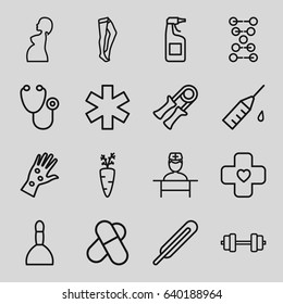 Health icons set. set of 16 health outline icons such as spa bag, cleanser, tights, stethoscope, themometer, medical sign, pregnant woman, doctor, bandage, arm rash