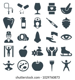 Health icons. set of 25 editable filled health icons such as apple, nose, barber brush, bottle for fitness, heart rate watch, ice skating, nurse, doctor, bucket, thermometer