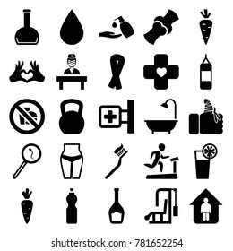 Health icons. set of 25 editable filled health icons such as ribbon, liquid soap, shower, waist fitness, kettle bell, boxing bag, gym equipment, medical cross, bone, heart tag