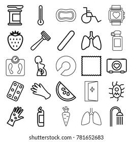 Health icons. set of 25 editable outline health icons such as razor, gloves, carpet, cleanser, shower, protein powder, lungs, case with heart, medical pills, pregnant woman