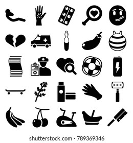 Health icons. set of 25 editable filled health icons such as cherry, deel, baby basket, gloves, broken heart, heart search, skating, abdoninal workout, medical pills
