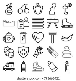 Health icons. set of 25 editable outline health icons such as currant, towels, baby bottle, razor, spray bottle, cream tube, cherry, banana, cleanser, fintess equipment