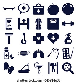 Health icons set. set of 25 health filled icons such as orange, apple, paints, razor, spray bottle, floor scales, treadmill, bacteria, lungs, bar   tightening