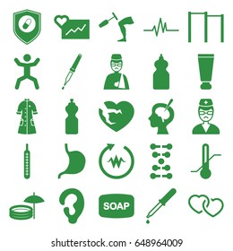 Health icons set. set of 25 health filled icons such as cream tube, ear, soap, cleanser, pipette, stomach, squat, thermometer, broken heart, heart, man with broken arm