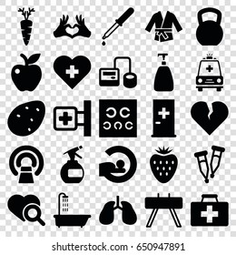 Health icons set. set of 25 health filled icons such as potato, shower, aid post, spray bottle, soap, apple, first aid kit, medical cross, blod pressure tool, pipette