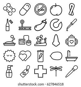 Health icons set. set of 25 health outline icons such as shower, apple, eggplant, baby bottle, nose, ribbon, nail sawing, Lemon, soap, bottle soap, blod pressure tool