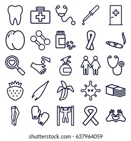 Health icons set. set of 25 health outline icons such as aid post, peach, spray bottle, ribbon, tweezers, cigarette, tights, strawberry, first aid kit, stethoscope, pipette