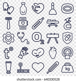 Health icons set. set of 25 health outline icons such as cream tube, razor, spa bag, spray bottle, soap, themometer, mri, heart in gear, heart organ, weight, bottle
