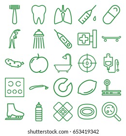 Health icons set. set of 25 health outline icons such as apple, lemon, razor, exercising, soap, shower, cucumber, medical cross, drop counter, bacteria, pill, dna, eye test