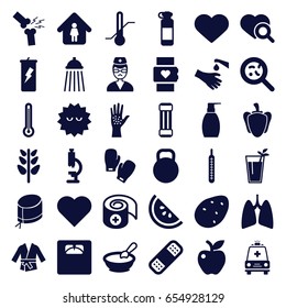 Health icons set. set of 36 health filled icons such as potato, porridge, bottle soap, man in home, apple, heart search, floor scales, bandage, bacteria, hands washing, pepper