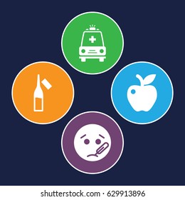 Health icons set. set of 4 health filled icons such as sick emot, apple, ampoule
