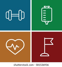 Health icons set. Set of 4 Health outline icons such as heartbeat, drop counter, barbell