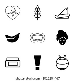 Health icons. set of 9 editable filled and outline health icons such as cream box, fit ball, treadmill, plant, cream tube, spa mask, banana, soap
