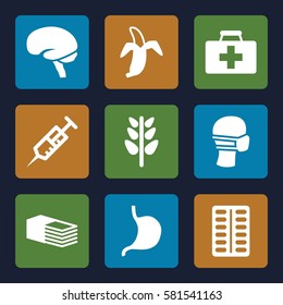 Health icons set. Set of 9 Health filled icons such as first aid kit, syringe, pill, stomach, brain, medical mask, banana, plant