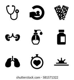 Health icons set. Set of 9 Health filled icons such as stethoscope, medical bottle, MRI, lungs, kidney, soap, stopwatch, sun rise