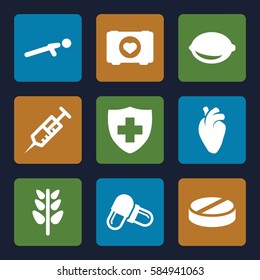 Health icons set. Set of 9 Health filled icons such as case with heart, syringe, pill, lemon, heart organ, push up, medical sign