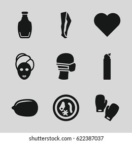 Health icons set. set of 9 health filled icons such as spa mask, Lemon, cleanser, tights, medical mask, bottle, boxing gloves, microorganism