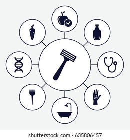 Health icons set. set of 9 health filled icons such as carrot, barber brush, razor, apple, shower, stethoscope, dna, bottle