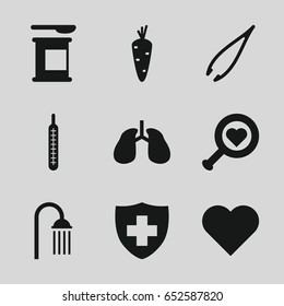 Health icons set. set of 9 health filled icons such as carrot, tweezers, shower, lungs, medical sign, thermometer, heart, heart search