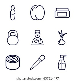 Health icons set. set of 9 health outline icons such as onion, peach, cream box, nail sawing, bottle soap, barbell, man with broken arm, medical ampoule