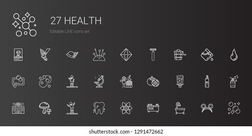 health icons set. Collection of health with bathtub, atom, tooth, stretching, mushrooms, hospital, dispenser, tomatoes, hot stones, microscope. Editable and scalable health icons.