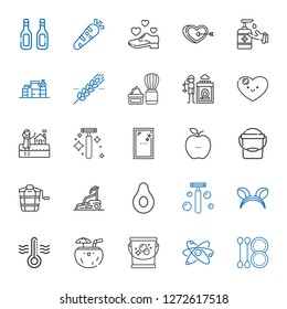 health icons set. Collection of health with cotton swab, atom, bucket, coconut, thermometer, ears, razor, banana, treadmill, healthy food. Editable and scalable health icons.