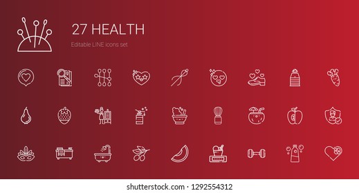 health icons set. Collection of health with dumbbell, weight, melon, olive, bathtub, eye mask, coconut, shaving brush, mortar, soap, smoker. Editable and scalable health icons.