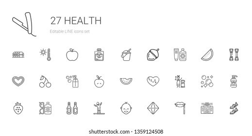 health icons set. Collection of health with fangs, minerals, baby, stretching, additives, sun lotion, strawberry, mongolian, broken heart. Editable and scalable health icons.