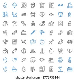 health icons set. Collection of health with fruit, stretching, skeleton, toothpaste, trial, berry, bathtub, strawberry, shampoo, medicine. Editable and scalable health icons.